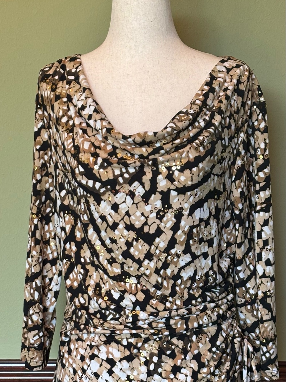 Draped Cowl Neck Dress with Gold Sequin Accents